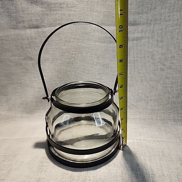 Black Metal Clear Glass Hanging / Tabletop Lantern Candle Holder 5” Tall Heavy - Picture 8 of 11